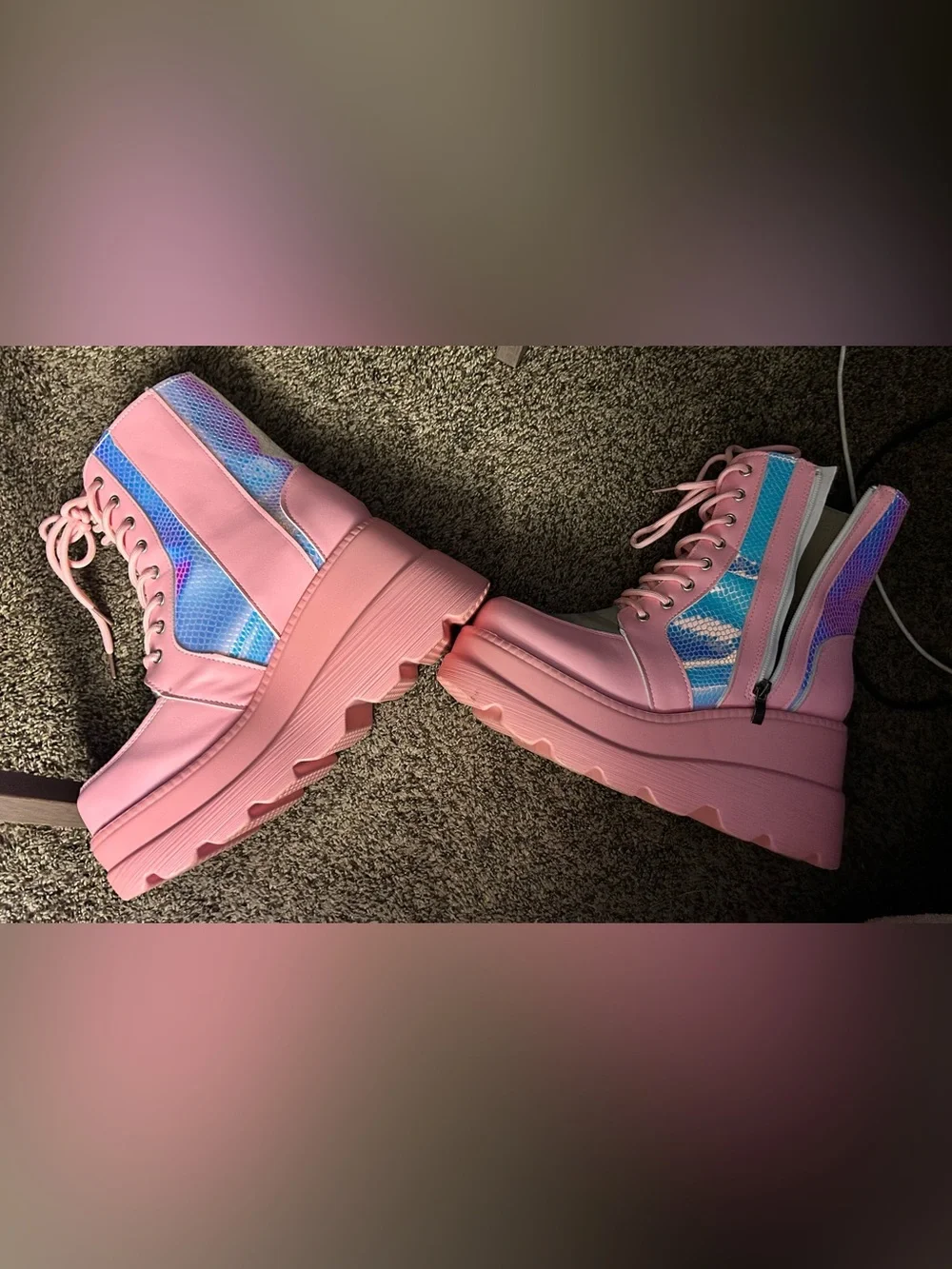 Pink Platform Lace-Up Boots with Iridescent Panels